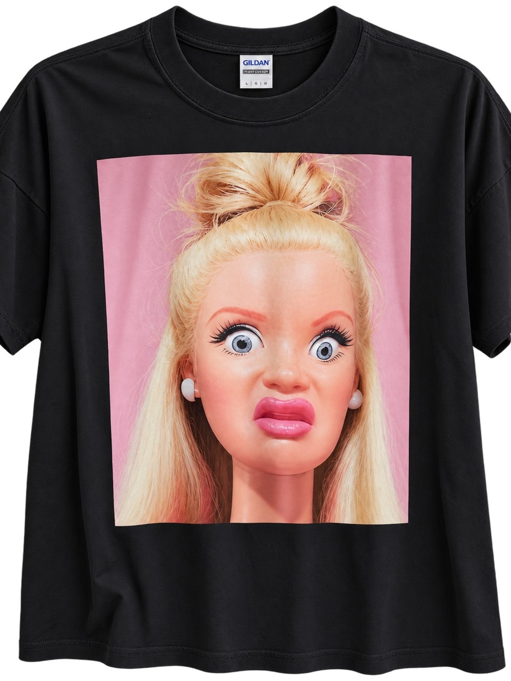 Gildan Black Tee with Pink Doll-Face Graphic